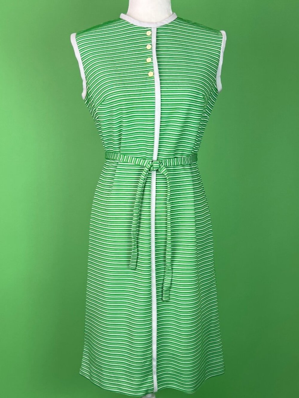 Vintage 60s 70s Mod Green Striped Sleeveless Go Go Dress Size Small